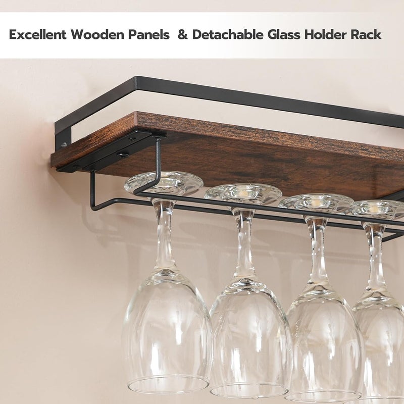 HOOBRO Wall Mounted Wine Rack 3 Pack, Wine Shelf Hanging Floating Wall Shelves, Wine Glass Bottle Rack Stemware Holder, for Living Room, Dining Room, Kitchen, Rustic Brown and Black BF34BJ01 - Image 4
